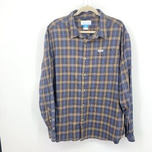 Columbia Men Size XXL Shirt Button Down Top Long Sleeve Flannel Plaid Blue Brown